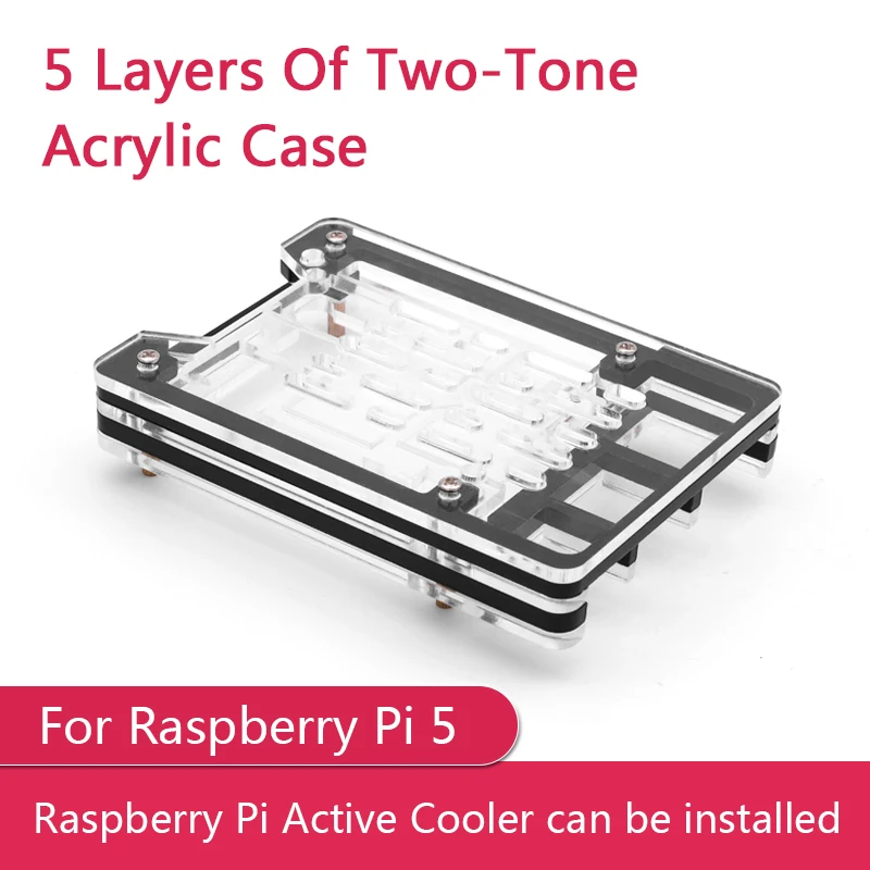 New 5 Layers Acrylic Case for Raspberry Pi 5 Transparent and Black Alternating Shell Support Installing Official Active Cooler
New 5 Layers Acrylic Case for Raspberry Pi 5 Transparent and Black Alternating Shell Support Installing Official Active Cooler