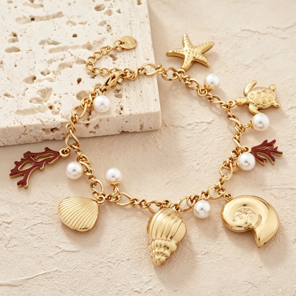 14K Gold Plated Starfish Seashell Coral Pendant Charm Bracelet Stainless Steel Onesize Colorfast Jewelry for Summer Beach Gift
14K Gold Plated Starfish Seashell Coral Pendant Charm Bracelet Stainless Steel Onesize Colorfast Jewelry for Summer Beach Gift
