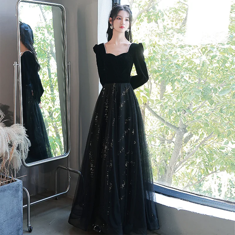 Black Long Sleeve Evening Dress Pearls Sweetheart Collar Prom Dress Sequins Tulle Lace-Up Floor-Length Banquet Gowns
Black Long Sleeve Evening Dress Pearls Sweetheart Collar Prom Dress Sequins Tulle Lace-Up Floor-Length Banquet Gowns