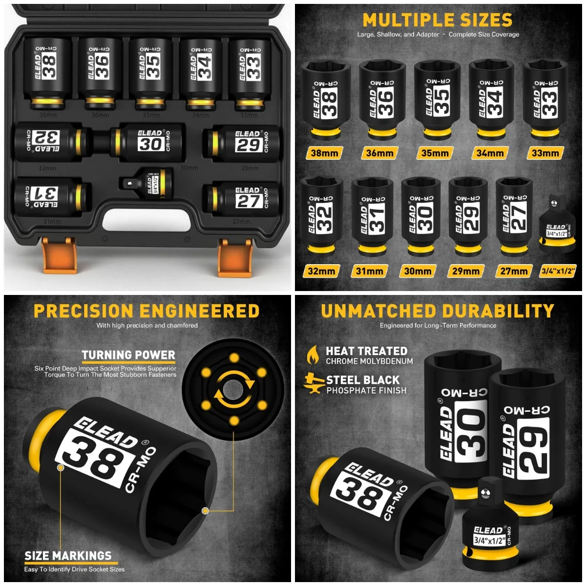 1/2'' Drive Deep Impact Socket Set: 11-Piece Metric Wheel Axle Nut Wrench, 27-38mm, High Torque for Car & Truck
1/2'' Drive Deep Impact Socket Set: 11-Piece Metric Wheel Axle Nut Wrench, 27-38mm, High Torque for Car & Truck