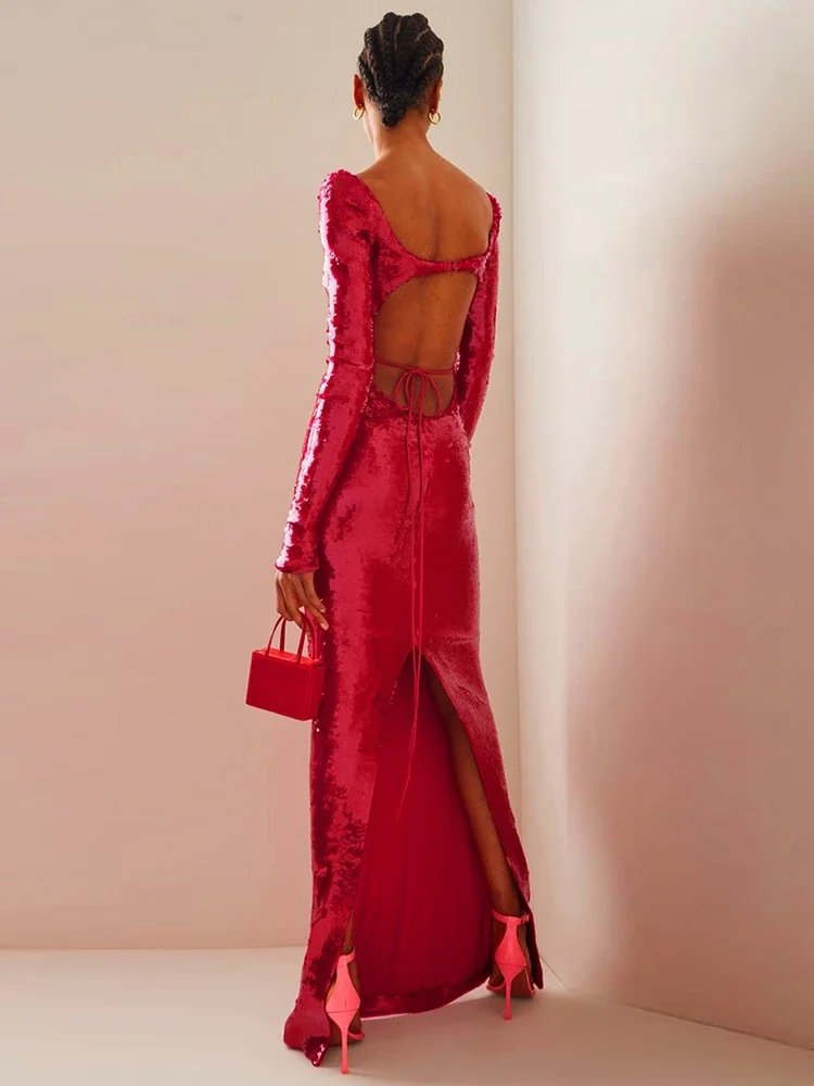 Sexy Long Sleeve Shiny Sequins Maxi Slim Dress Women Red Cutout Backless Sequins Long Dress Elegant Sparkly Celebrity Evening
Sexy Long Sleeve Shiny Sequins Maxi Slim Dress Women Red Cutout Backless Sequins Long Dress Elegant Sparkly Celebrity Evening