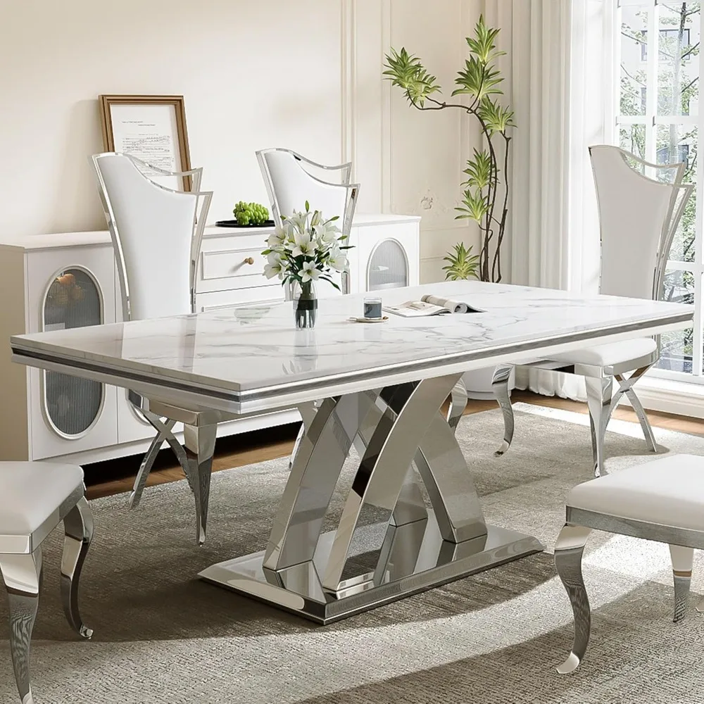 70" Marble Dining Table for 4-6, Modern Kitchen Table with Faux Marble Top & Double X-Shape Stainless Steel Base,
70" Marble Dining Table for 4-6, Modern Kitchen Table with Faux Marble Top & Double X-Shape Stainless Steel Base,