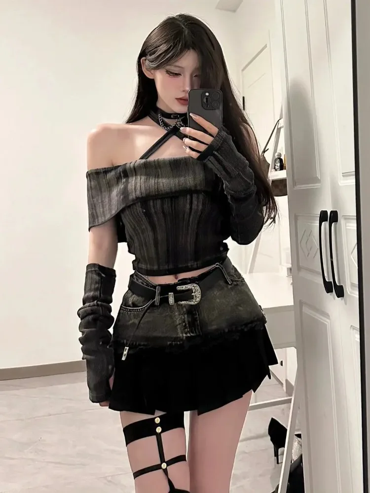 Sexy Off Shoulder Short Sleeve Women Slim Retro Tops Splicing Mini Skirt Set Spicy Girl Two Piece Sets Outfits Summer New 2025
Sexy Off Shoulder Short Sleeve Women Slim Retro Tops Splicing Mini Skirt Set Spicy Girl Two Piece Sets Outfits Summer New 2025