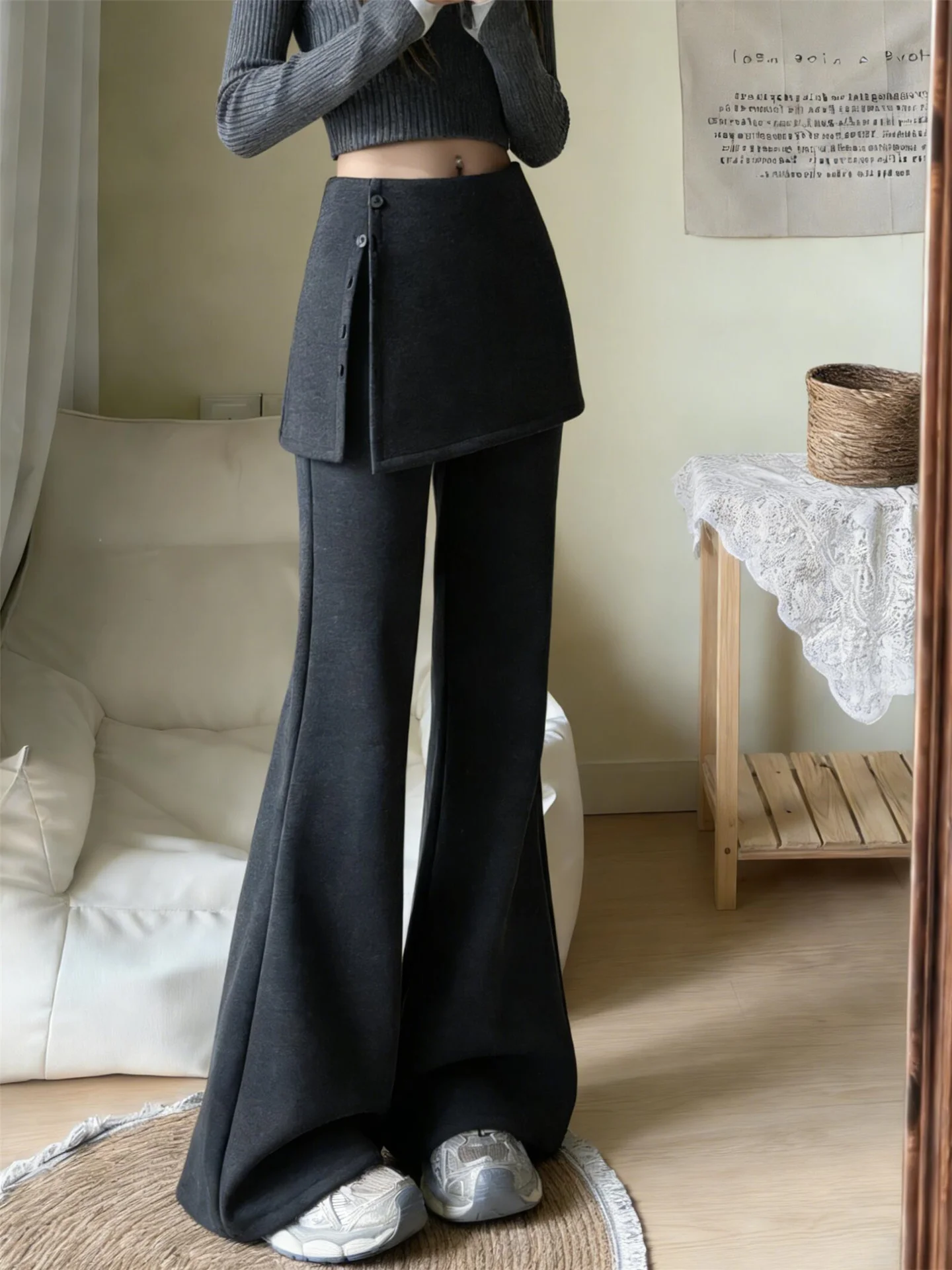 High Waist Extended Grey Flared Casual Pants Women's Spring Loose Fitting Floor Length Fake Two-Piece Wide Leg Trousers
High Waist Extended Grey Flared Casual Pants Women's Spring Loose Fitting Floor Length Fake Two-Piece Wide Leg Trousers