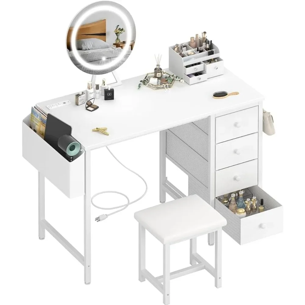 White vanity with mirror and light - vanity with chair, storage space, 4 large fabric drawers, and power outlet
White vanity with mirror and light - vanity with chair, storage space, 4 large fabric drawers, and power outlet