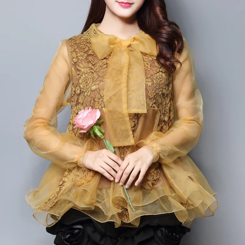 Spring Autumn 2023 New Fashion Women Lace Patchwork Long Sleeve Ruffles Organza Blouse , Ladies Womens Bow Loose 6xl Blouses
Spring Autumn 2023 New Fashion Women Lace Patchwork Long Sleeve Ruffles Organza Blouse , Ladies Womens Bow Loose 6xl Blouses
