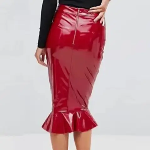 Women Shiny Faux Leather Sexy Bodycon Hobble Skirts Ladies Stretchy PU Leather Ruffles Midi Skirts New Support Custom
Women Shiny Faux Leather Sexy Bodycon Hobble Skirts Ladies Stretchy PU Leather Ruffles Midi Skirts New Support Custom