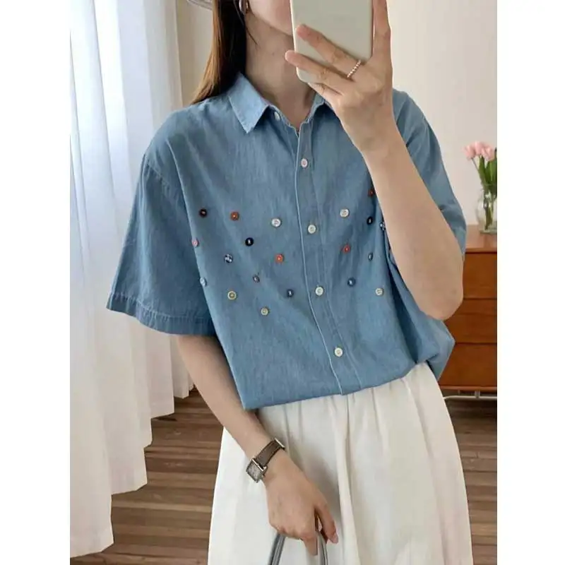 Japanese Vintage Mori Girl Colorful Button Denim Cotton Shirts Women Summer Turn Down Collar Short Sleeve Casual Loose Blouse
Japanese Vintage Mori Girl Colorful Button Denim Cotton Shirts Women Summer Turn Down Collar Short Sleeve Casual Loose Blouse