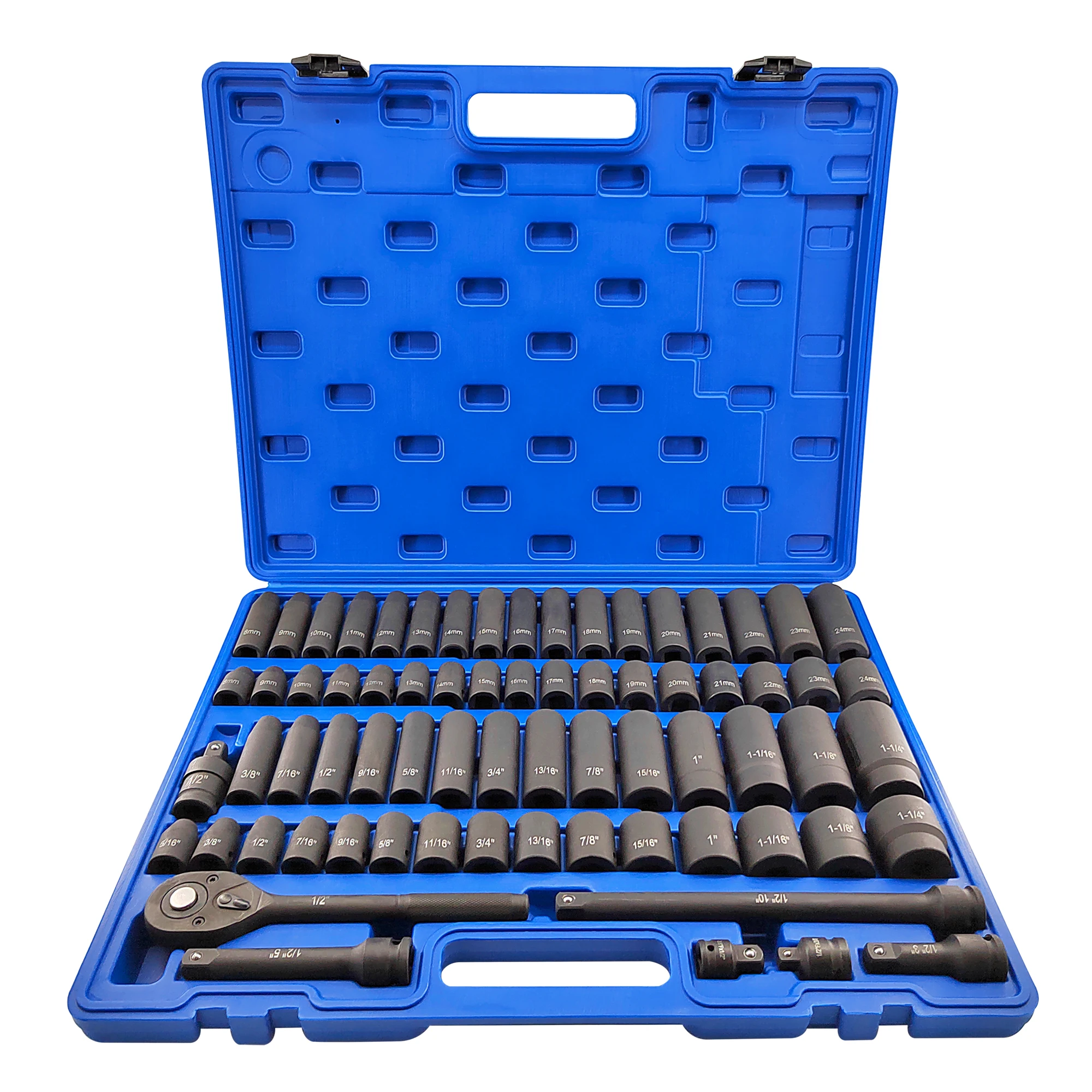 70-teiliger Schlagbuchsensatz, 1/2 Zoll Antrieb, SAE 5/16-1-1/4 дюйма, метрическая 8-24 мм, стандартные/глубокие розетки с удлинителями
70-teiliger Schlagbuchsensatz, 1/2 Zoll Antrieb, SAE 5/16-1-1/4 дюйма, метрическая 8-24 мм, стандартные/глубокие розетки с удлинителями