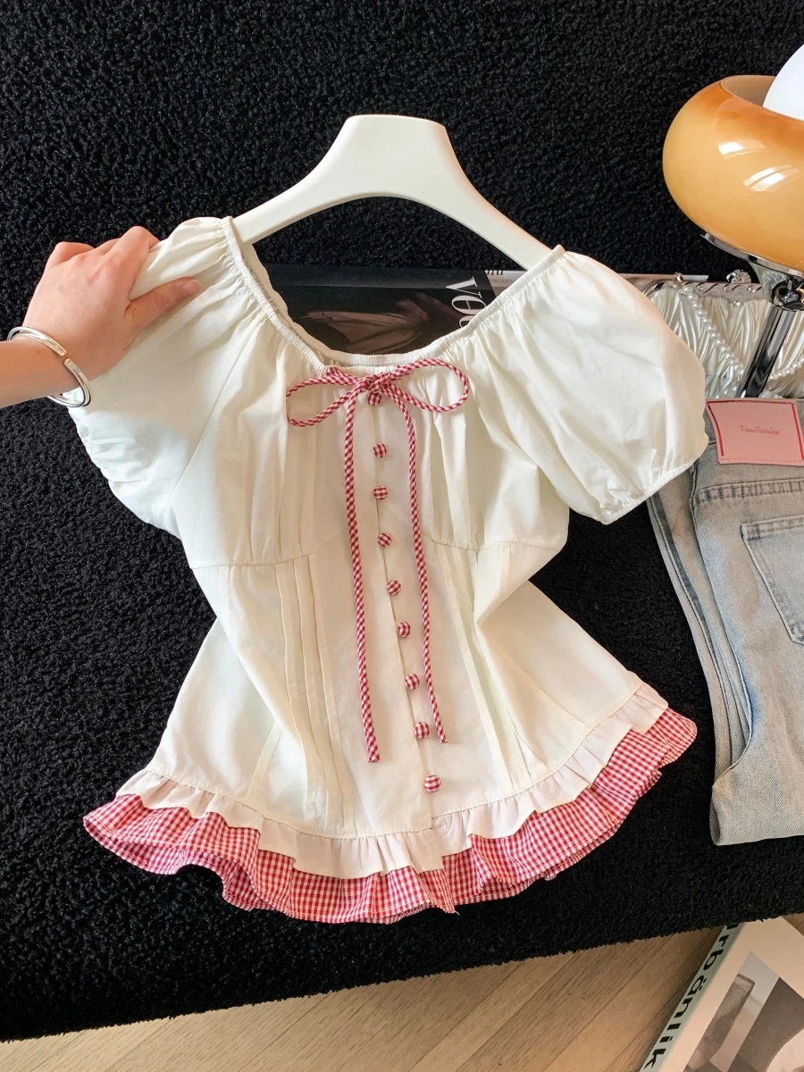 Korean Style Plaid Ruffle Patchwork Women's Shirt Summer Knot Bubble Sleeve Slimming Top Fashionable Versatile Thin
Korean Style Plaid Ruffle Patchwork Women's Shirt Summer Knot Bubble Sleeve Slimming Top Fashionable Versatile Thin
