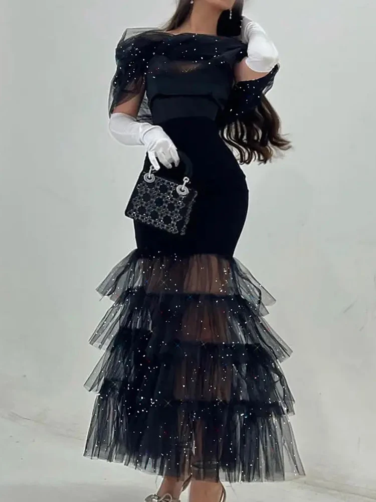 Chic Women Patchwork Mesh Ruffles Dress Summer Off Shoulder Slim Lady Solid Dress Party Club Elegant Slash Neck Black Long Dress
Chic Women Patchwork Mesh Ruffles Dress Summer Off Shoulder Slim Lady Solid Dress Party Club Elegant Slash Neck Black Long Dress