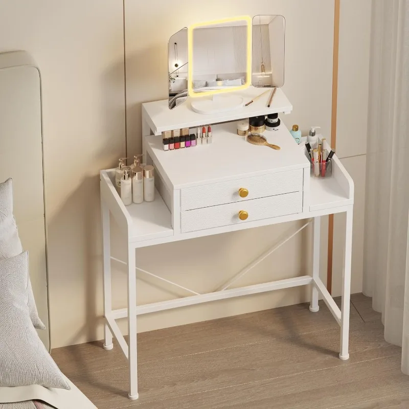 Vanity Desk with Mirror and Lights, 28.7" Small Vanity Desk with Adjustable Height and 2 Fabric Drawer, Compact
Vanity Desk with Mirror and Lights, 28.7" Small Vanity Desk with Adjustable Height and 2 Fabric Drawer, Compact