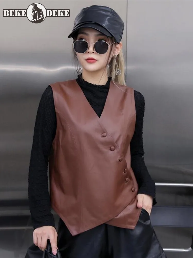Fashion Women Genuine Leather Vest V-Neck Single Breasted Casual Tank Waistcoat Slim Fit Real Sheepskin Sleeveless Short Jacket
Fashion Women Genuine Leather Vest V-Neck Single Breasted Casual Tank Waistcoat Slim Fit Real Sheepskin Sleeveless Short Jacket