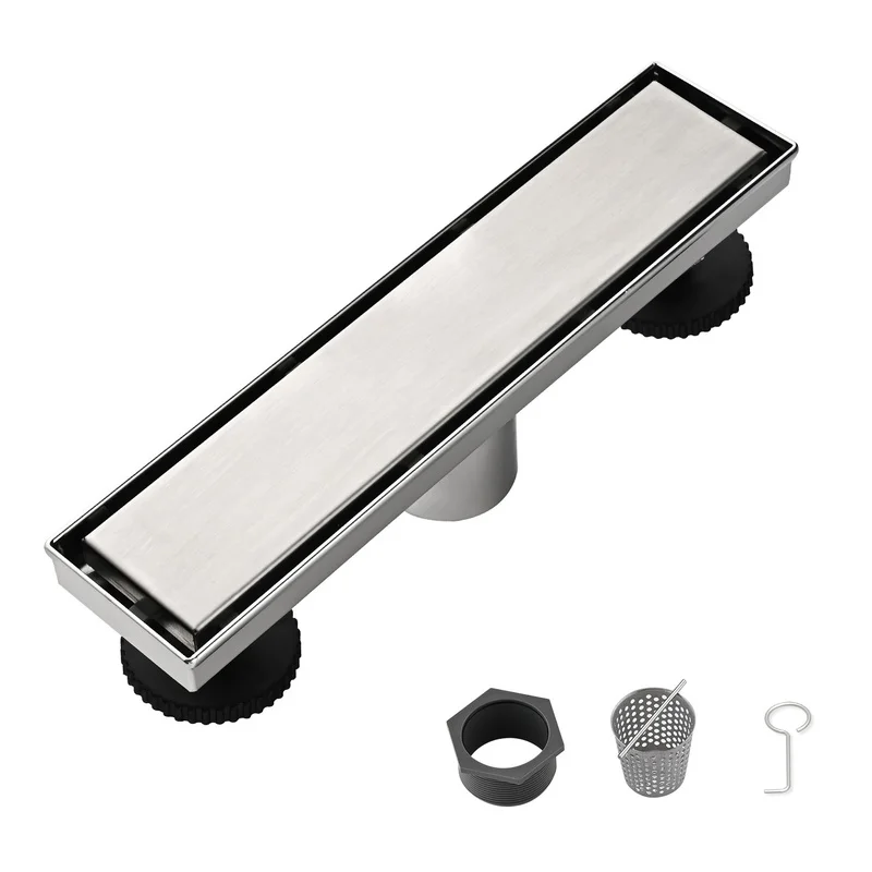 12 Inch Linear Shower Drain with Removable Cover, 304 Stainless Steel Floor Drain with Hair Strainer and Adjustable Feet
12 Inch Linear Shower Drain with Removable Cover, 304 Stainless Steel Floor Drain with Hair Strainer and Adjustable Feet