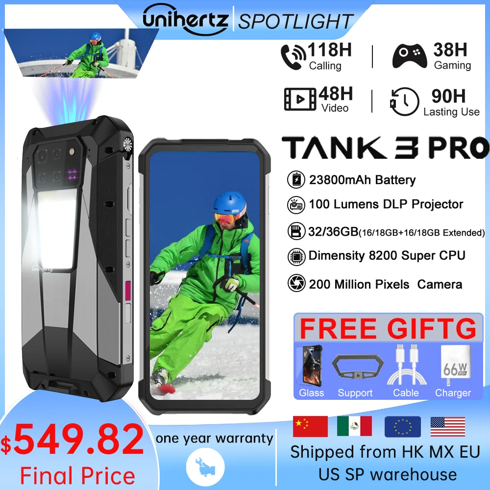 Unihertz Tank 3 Pro 8849 Rugged 5G Smartphone Android with 100 Lumens Projector 32GB 512GB 23800mAh 6.79" FHD Waterproof Phone
Unihertz Tank 3 Pro 8849 Rugged 5G Smartphone Android with 100 Lumens Projector 32GB 512GB 23800mAh 6.79" FHD Waterproof Phone