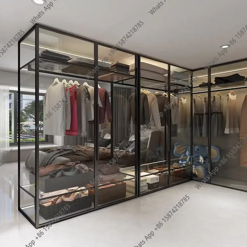 Aluminum alloy light luxury tempered glass wardrobe modern simple L-shaped corner open cloakroom wardrobe
Aluminum alloy light luxury tempered glass wardrobe modern simple L-shaped corner open cloakroom wardrobe