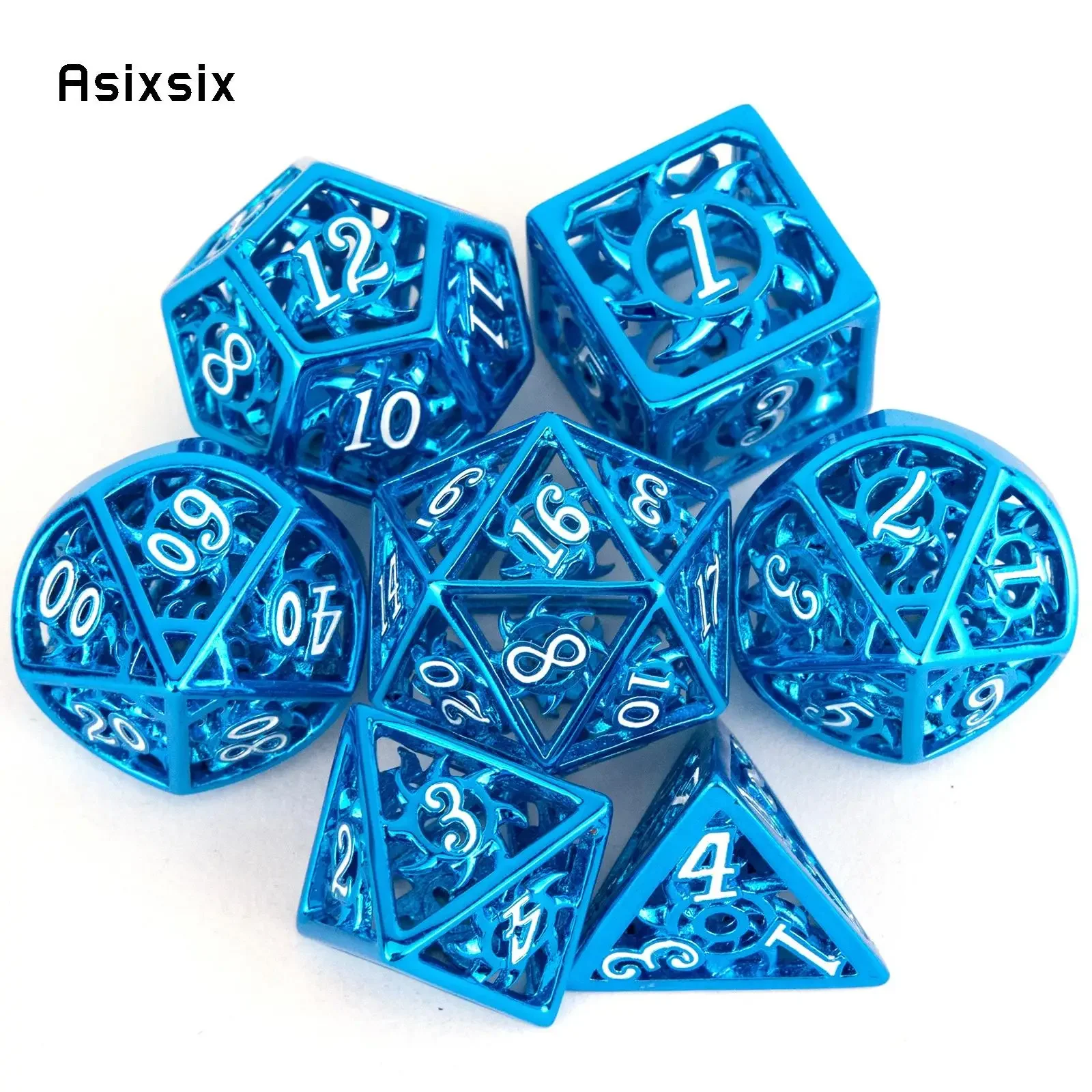 7 Pcs Blue White Rotary Cyclone Metal Dice Hollow Metal Polyhedral Dice Set Suitable for Role-Playing RPG Board Game Card Game
7 Pcs Blue White Rotary Cyclone Metal Dice Hollow Metal Polyhedral Dice Set Suitable for Role-Playing RPG Board Game Card Game
