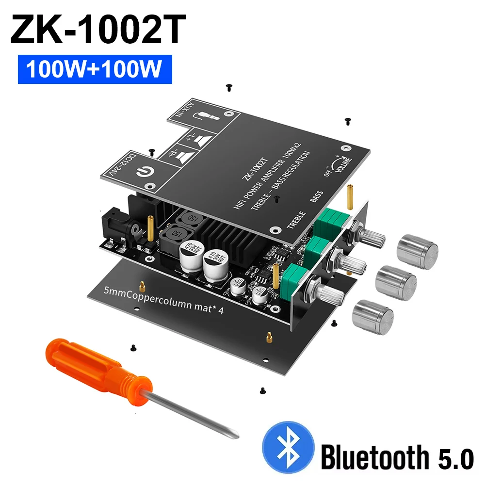 ZK-1002T Bluetooth 5.0 Amplifier Board 100W+100W 2.0 Channel Stereo Amp Board with Treble Bass Control for DIY Wireless Speakers
ZK-1002T Bluetooth 5.0 Amplifier Board 100W+100W 2.0 Channel Stereo Amp Board with Treble Bass Control for DIY Wireless Speakers