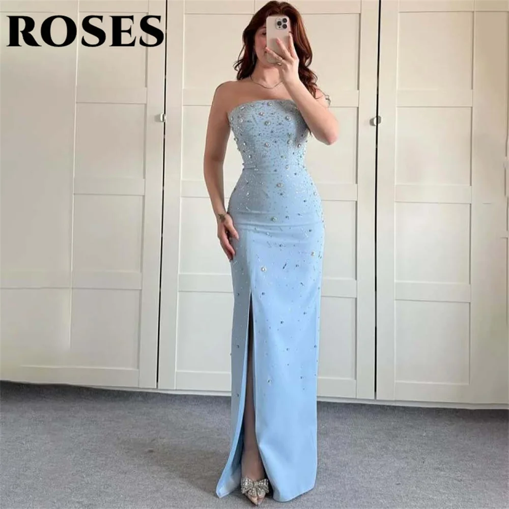 ROSES Sky Blue Saudi Arabia Prom Dress Trumpet Stain Party Gown Beadings Strapless Party Dress for Woman robe de bal Customized
ROSES Sky Blue Saudi Arabia Prom Dress Trumpet Stain Party Gown Beadings Strapless Party Dress for Woman robe de bal Customized
