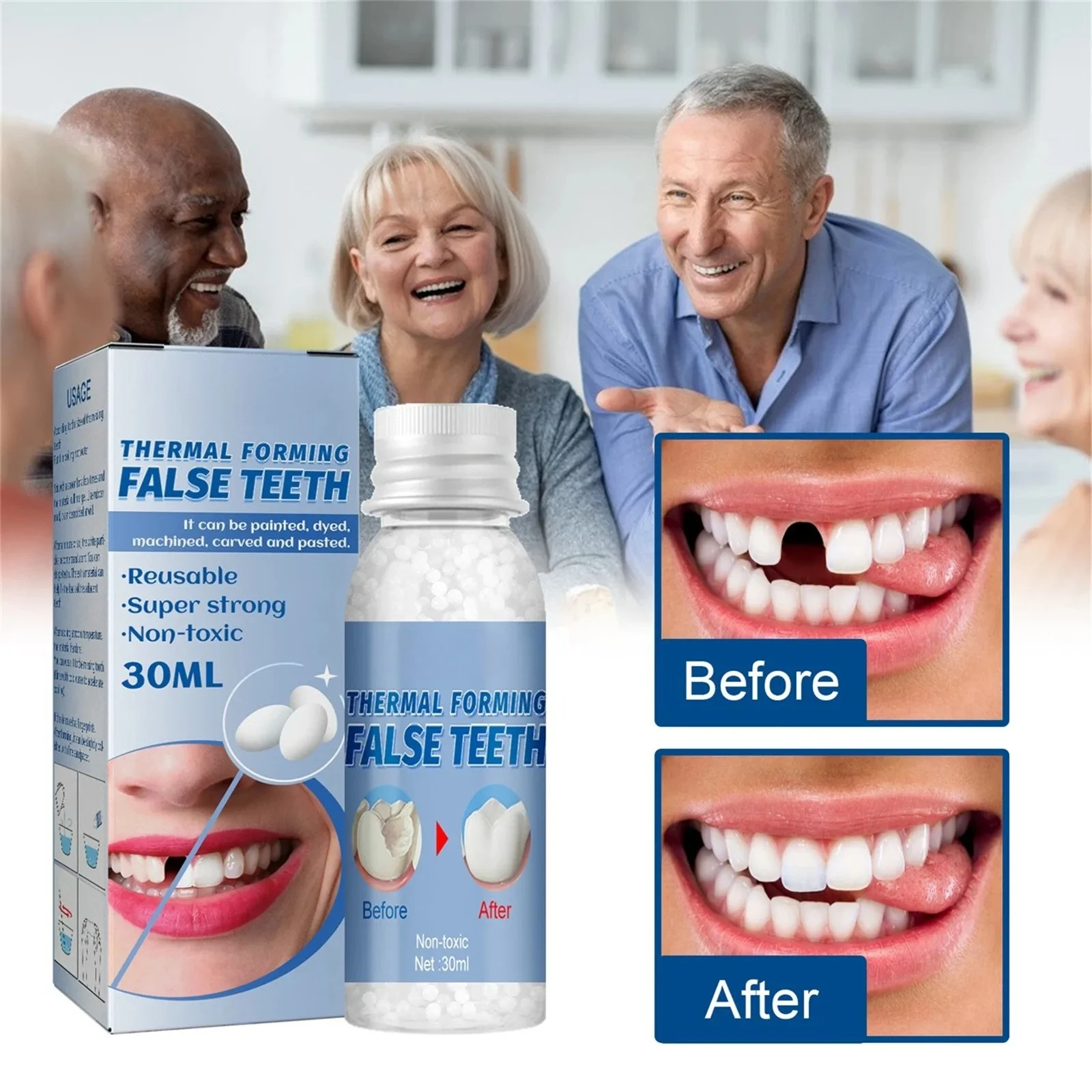 Shapeable denture adhesive, cosmetic denture modification, temporary filling of cavities, denture adhesive
Shapeable denture adhesive, cosmetic denture modification, temporary filling of cavities, denture adhesive