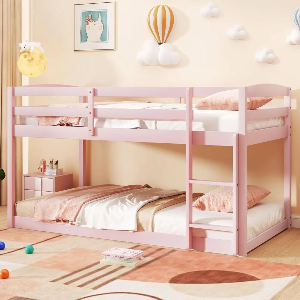Twin low bunk bed, solid wood twin over twin frame, full guardrails, integrated ladder, for kids, no box spring needed
Twin low bunk bed, solid wood twin over twin frame, full guardrails, integrated ladder, for kids, no box spring needed