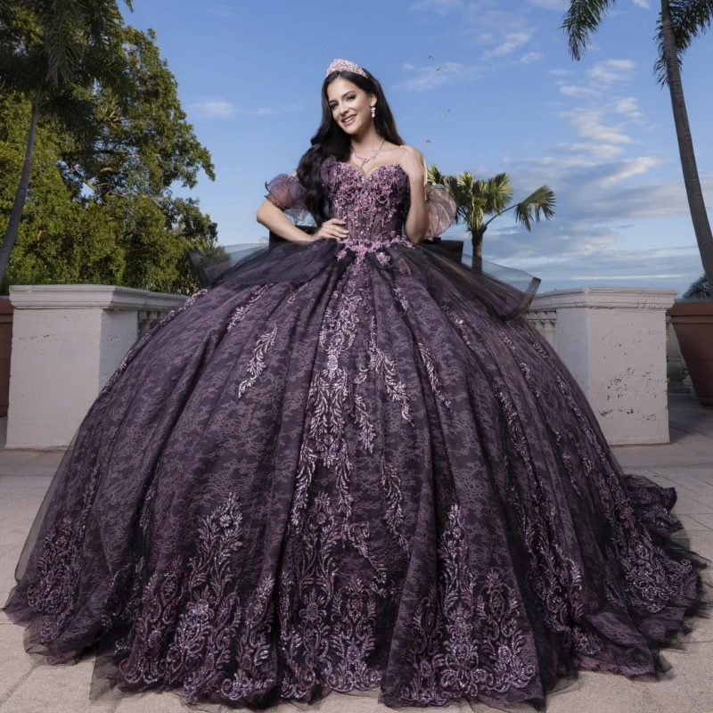 Dark Purple Shiny Quinceanera Dresses Off The Shoulder Applique Lace Beading Crystal Bow Tull Corset Party Birthday Sweet 16
Dark Purple Shiny Quinceanera Dresses Off The Shoulder Applique Lace Beading Crystal Bow Tull Corset Party Birthday Sweet 16