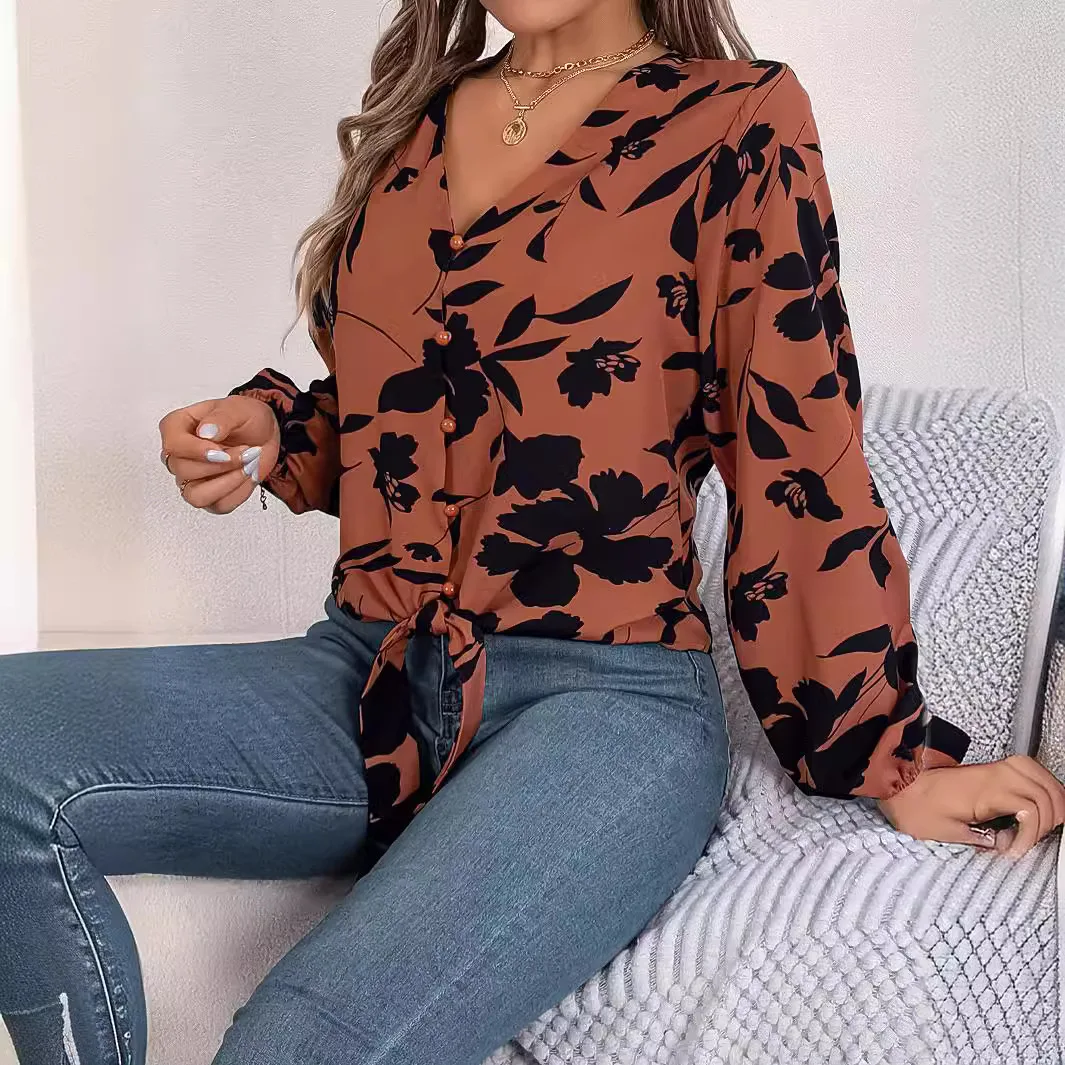 Temperament Printed V-neck Lace-up Shirt, Women's New Autumn and Winter Fashion Lantern Long Sleeve Spell Color Elegant Shirt
Temperament Printed V-neck Lace-up Shirt, Women's New Autumn and Winter Fashion Lantern Long Sleeve Spell Color Elegant Shirt
