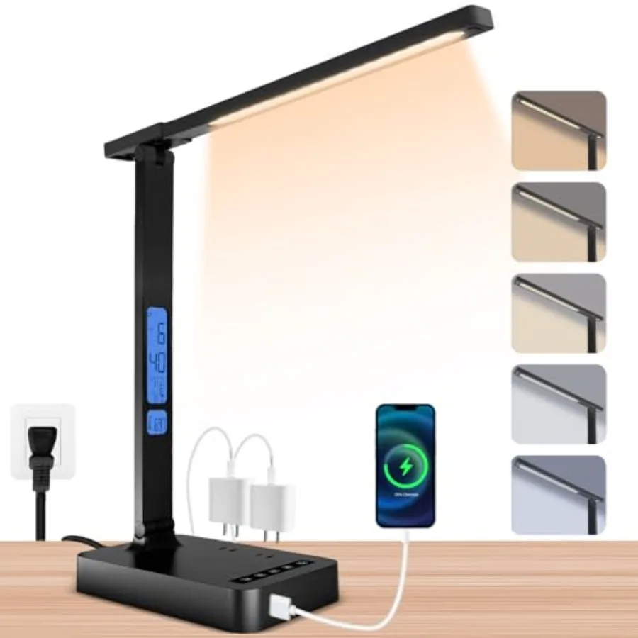 Smart Desk Lamp with Dual USB Charging Type-C/USB-A and 2 AC Outlets, Digital Clock, Temperature Display, 5 Color Modes, 5 Brig
Smart Desk Lamp with Dual USB Charging Type-C/USB-A and 2 AC Outlets, Digital Clock, Temperature Display, 5 Color Modes, 5 Brig