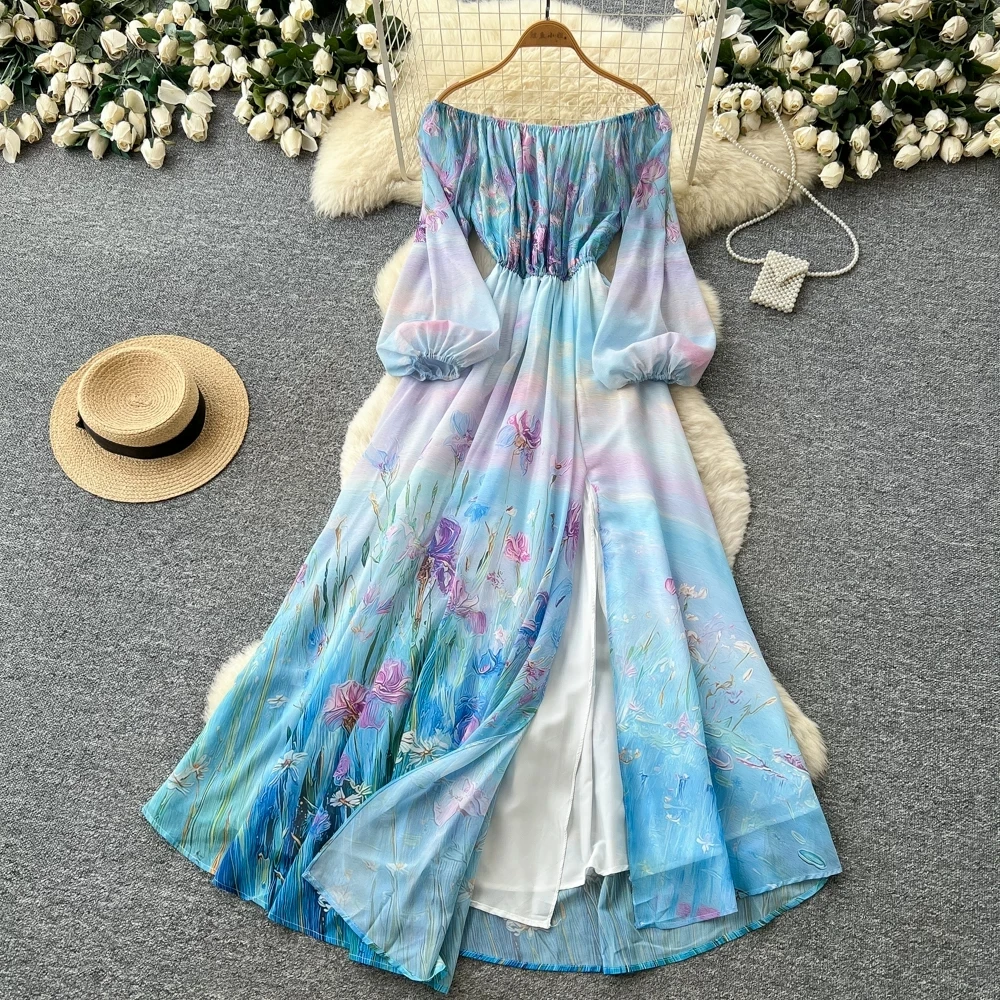 Women's Off-Shoulder Gradient Floral Chiffon Maxi Dress Long Puff Sleeve High Waist A-Line Split Long Dress for Boho Holiday
Women's Off-Shoulder Gradient Floral Chiffon Maxi Dress Long Puff Sleeve High Waist A-Line Split Long Dress for Boho Holiday