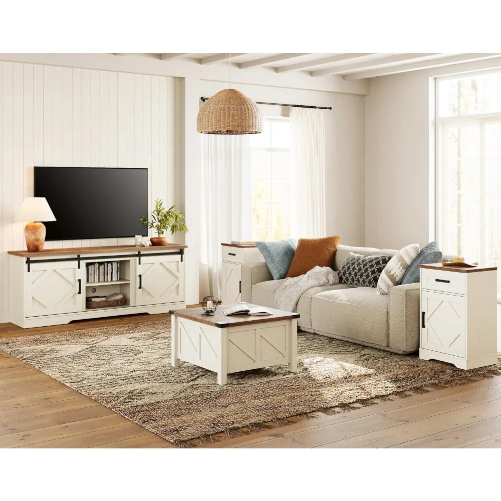 WAMPAT 4-Piece Farmhouse Living Room Table Set Includes 75 inch Sliding Barn Door TV Stand, 30x30 inch Square Coffee Table with
WAMPAT 4-Piece Farmhouse Living Room Table Set Includes 75 inch Sliding Barn Door TV Stand, 30x30 inch Square Coffee Table with