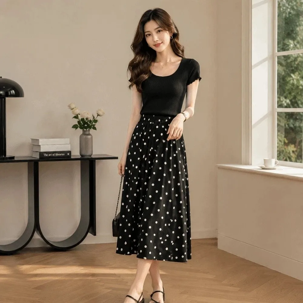 Elegant Elastic Waist Polka Dot Skirt Splicing Design Pleated A-Line Skirt Summer Slim Fit Half-length Dress Women
Elegant Elastic Waist Polka Dot Skirt Splicing Design Pleated A-Line Skirt Summer Slim Fit Half-length Dress Women