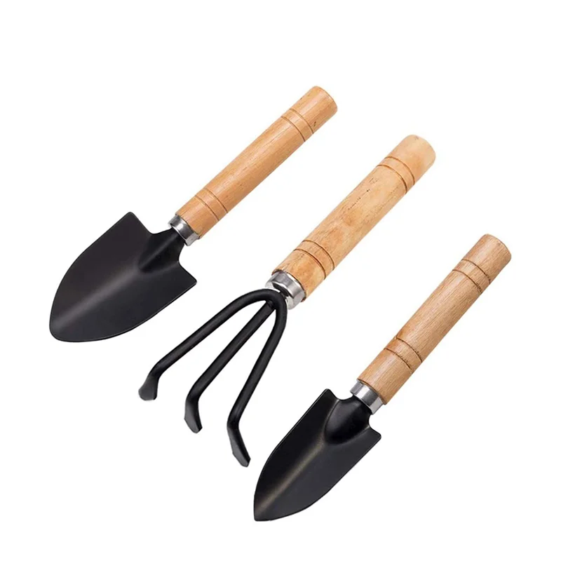 AC88-Set Of 9 Mini Garden Tool Hand Planting Tools Small Shovel Rake Spade Wood Handle Planting Tools