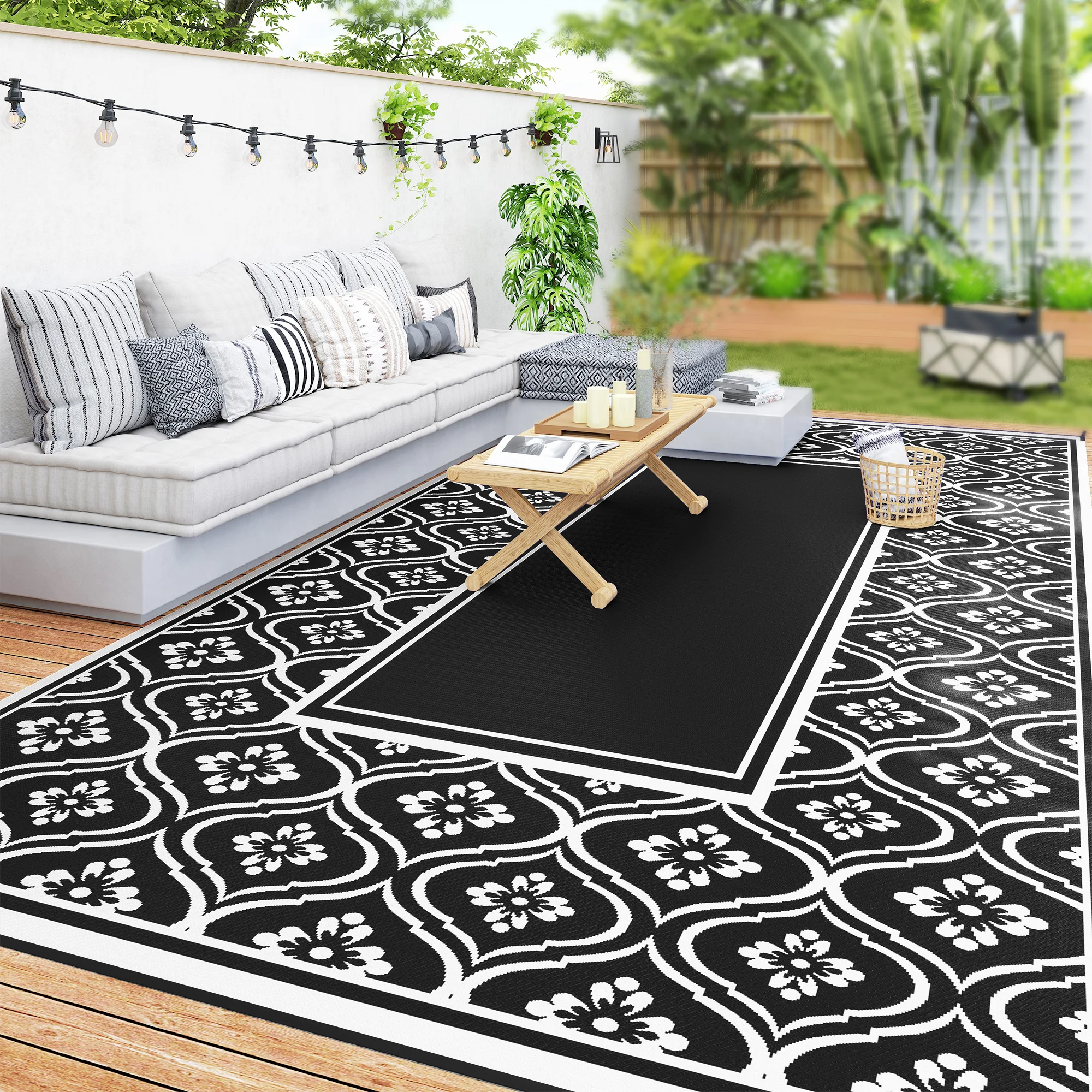 Reversible Outdoor Rug, Waterproof Plastic Straw with Carry Bag, 9' x 18', Black & White Gourd Border
Reversible Outdoor Rug, Waterproof Plastic Straw with Carry Bag, 9' x 18', Black & White Gourd Border