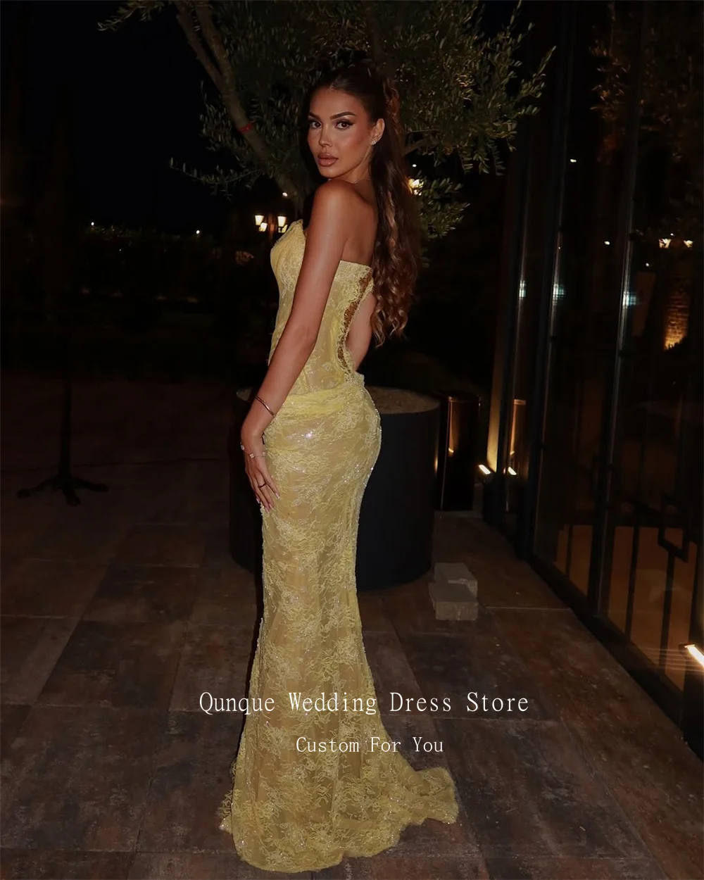 Qunque Yellow Lace Formal Evening Dresses Mermaid High Slit Sleeveless Prom Gowns Floor Length Sweetheart Vestidos Customized
Qunque Yellow Lace Formal Evening Dresses Mermaid High Slit Sleeveless Prom Gowns Floor Length Sweetheart Vestidos Customized