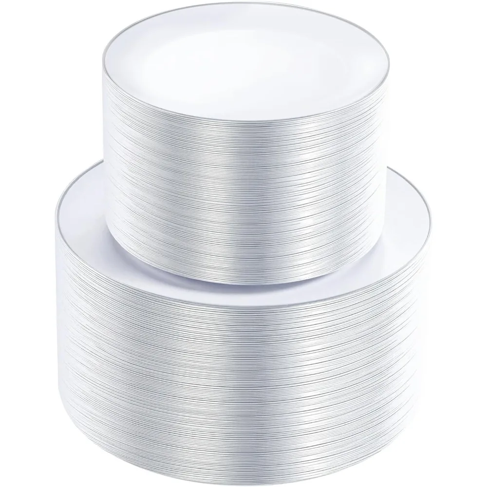 KIRE 200 шт. серебряные пластиковые тарелки - белые пластиковые тарелки с серебряным ободом включают 100 обеденных тарелок и 100 для десертных/садалей 
KIRE 200 шт. серебряные пластиковые тарелки - белые пластиковые тарелки с серебряным ободом включают 100 обеденных тарелок и 100 для десертных/садалей