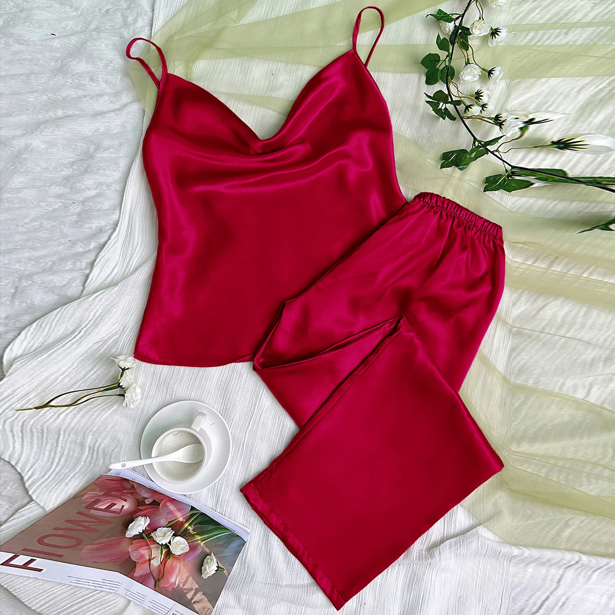 Women's Pajama Satin Pajama Set Draped Collar Cami Top Elastic Waistband Pants Sleepwear Loungewear Pijama Women Pajamas Set
Women's Pajama Satin Pajama Set Draped Collar Cami Top Elastic Waistband Pants Sleepwear Loungewear Pijama Women Pajamas Set