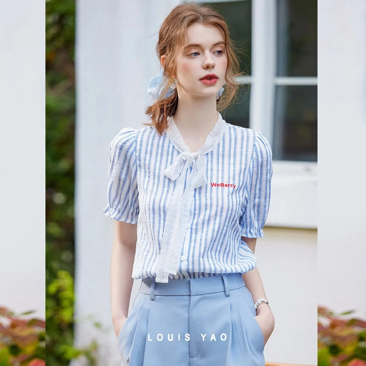 LOUIS YAO Women's Blouses 2026 Summer Women Advanced Sweet Short Sleeve Non Stretch Cardigan Blouse Lace Up Collar Striped Shirt
LOUIS YAO Women's Blouses 2026 Summer Women Advanced Sweet Short Sleeve Non Stretch Cardigan Blouse Lace Up Collar Striped Shirt