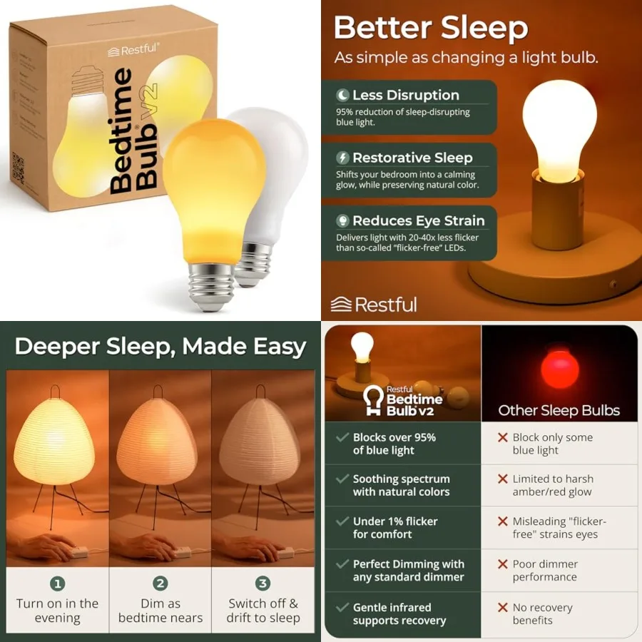 Bedtime Bulb v for Better Sleep 45+ Years of Light Dimmable Low Blue Light Bulb, Easy Setup, Reduces Eye Strain
Bedtime Bulb v for Better Sleep 45+ Years of Light Dimmable Low Blue Light Bulb, Easy Setup, Reduces Eye Strain