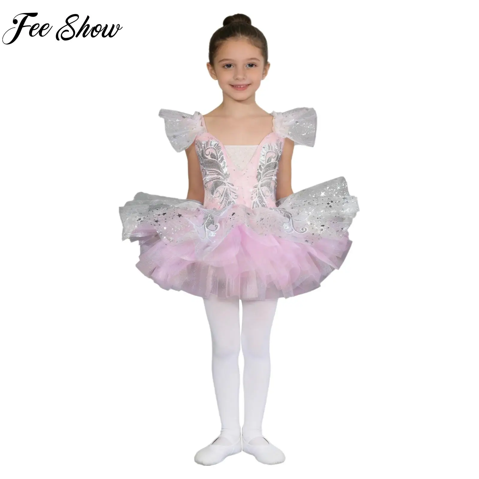 Kids Girls Ballet Gymnastic Dance Performance Outfit Ruffled Sleeves Shiny Sequin Applique Tulle Tutu Dress with Head Wear Cuffs
Kids Girls Ballet Gymnastic Dance Performance Outfit Ruffled Sleeves Shiny Sequin Applique Tulle Tutu Dress with Head Wear Cuffs