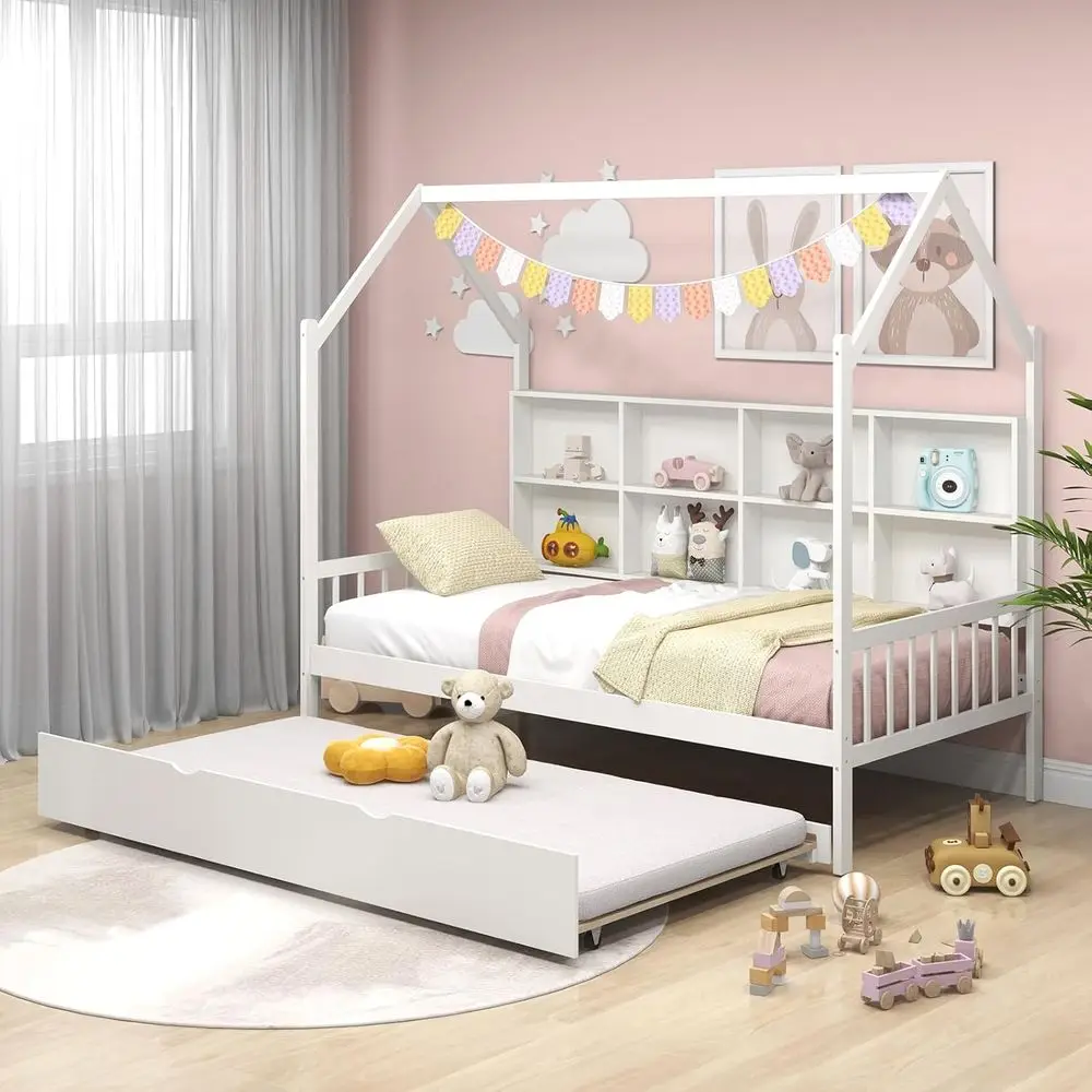 Twin House Bed with Trundle, Playhouse Platform Bed with Storage Shelves, 2-in-1 Montessori Bed for Kids, No Box Spring Needed,
Twin House Bed with Trundle, Playhouse Platform Bed with Storage Shelves, 2-in-1 Montessori Bed for Kids, No Box Spring Needed,