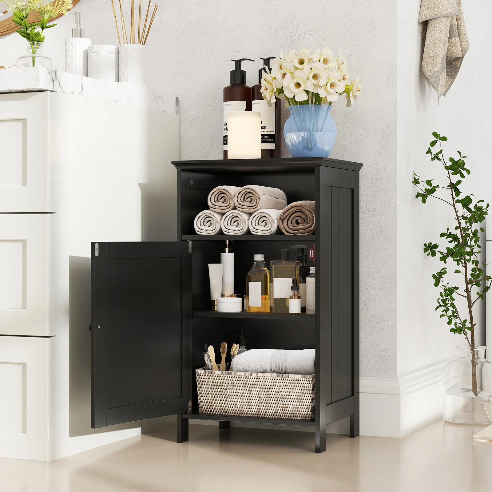 Bathroom Floor Storage Cabinet Side Table w/ Open Compartment & Adjustable Shelf
Bathroom Floor Storage Cabinet Side Table w/ Open Compartment & Adjustable Shelf