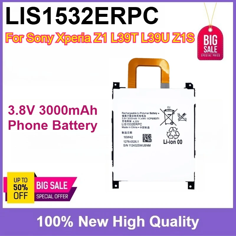100% New 3.8V 3000mAh LIS1532ERPC Battery High Quality for Sony Xperia Z1 L39T L39U Z1S Mobile Phone Battery
100% New 3.8V 3000mAh LIS1532ERPC Battery High Quality for Sony Xperia Z1 L39T L39U Z1S Mobile Phone Battery
