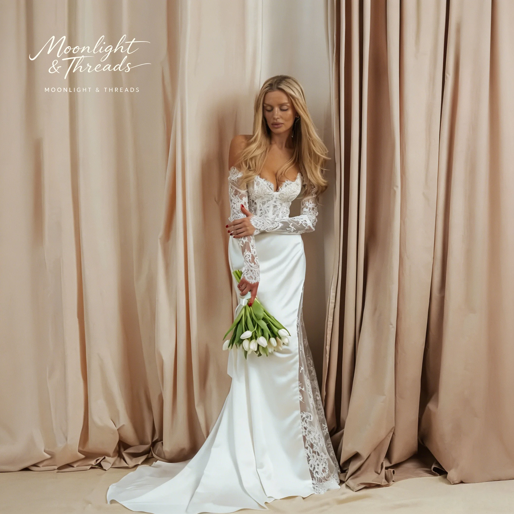 White off-the-shoulder strapless long-sleeved lace mermaid gown floor-length formal wedding dress
White off-the-shoulder strapless long-sleeved lace mermaid gown floor-length formal wedding dress