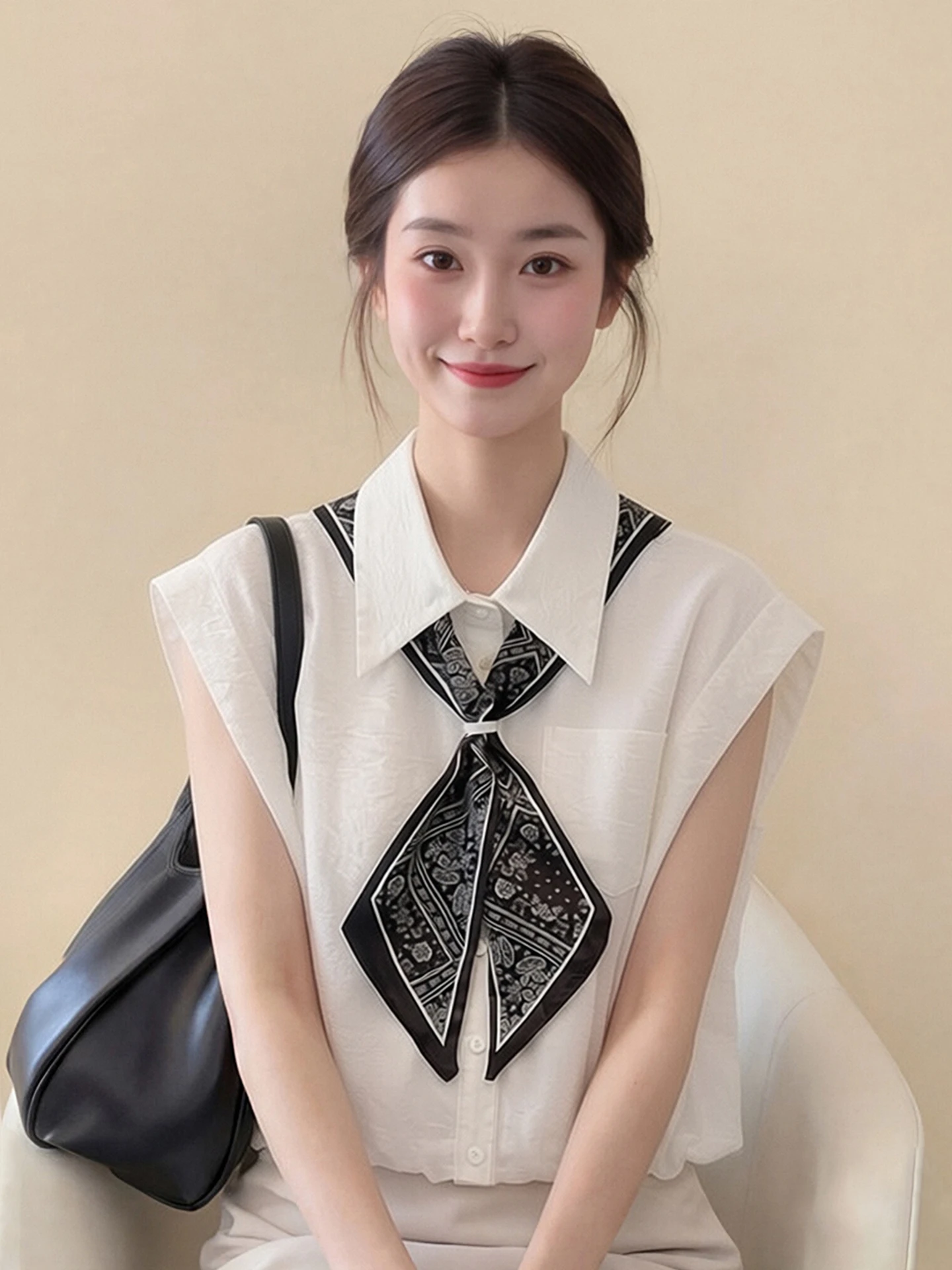 Summer Design Sense White Sleeveless Shirt Women's Commute OL Professional Top Silk Scarf Collar Fashionable Commute Style
Summer Design Sense White Sleeveless Shirt Women's Commute OL Professional Top Silk Scarf Collar Fashionable Commute Style