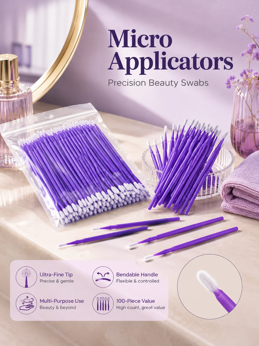 100 Pcs Ultra Fine Micro Applicator Cotton Swabs, Pointed Tip Makeup Correction Sticks for Eyeliner Cleanup, Eyelash Extension Removal, Lip Detail Cleaning, Brow Touch Ups, Disposable Precision Beauty Swabs for Salon, Travel, Makeup Bag and Daily Use
100 Pcs Ultra Fine Micro Applicator Cotton Swabs, Pointed Tip Makeup Correction Sticks for Eyeliner Cleanup, Eyelash Extension Removal, Lip Detail Cleaning, Brow Touch Ups, Disposable Precision Beauty Swabs for Salon, Travel, Makeup Bag and Daily Use
