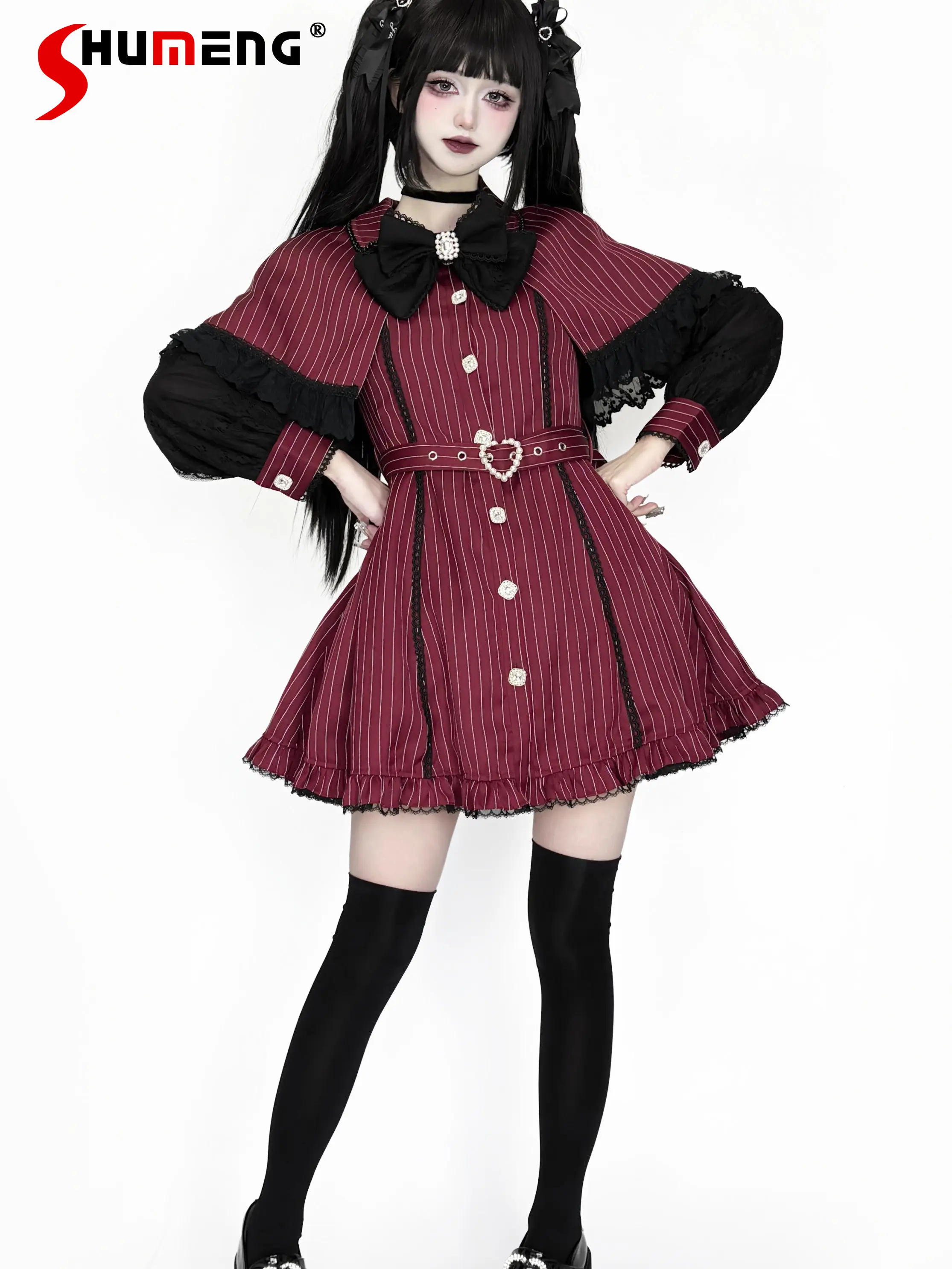 Japanese Mines Dark Style Striped Bowknot Cape Lace Patchwork Long Sleeve Heart Belt Striped Short Dress Two-Piece Set for Women
Japanese Mines Dark Style Striped Bowknot Cape Lace Patchwork Long Sleeve Heart Belt Striped Short Dress Two-Piece Set for Women