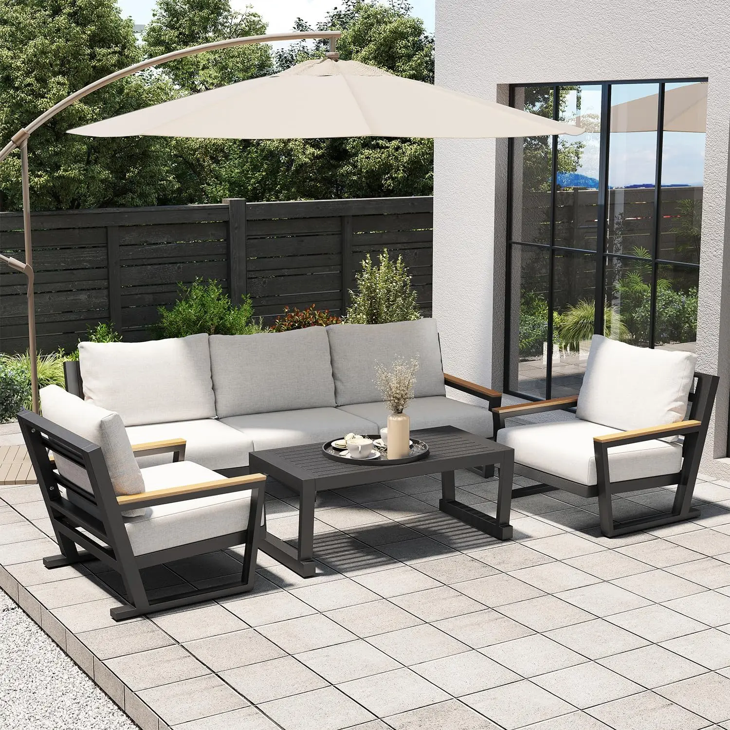 4 Seats Modern Patio Furniture Set, Sectional Sofa Conversation Set with Coffee Table, Upgraded Washable Cushions, Grey 
4 Seats Modern Patio Furniture Set, Sectional Sofa Conversation Set with Coffee Table, Upgraded Washable Cushions, Grey