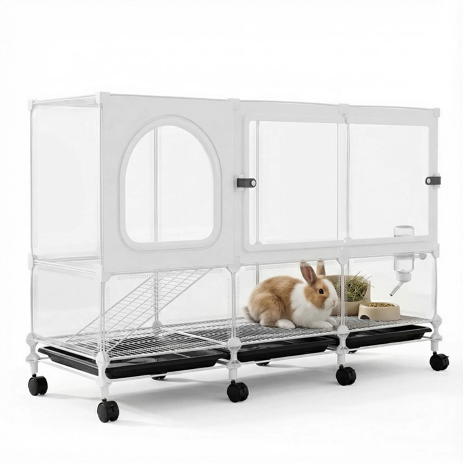 2-Tier Rolling Rabbit Hutch with Pull Out Tray Clear Panel Critter Cage with Wheels 105x35x66cm for Guinea Pig Chinchillas
2-Tier Rolling Rabbit Hutch with Pull Out Tray Clear Panel Critter Cage with Wheels 105x35x66cm for Guinea Pig Chinchillas