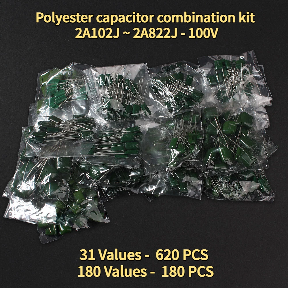 180/620 шт., 100 В, комбинированный комплект полиэфирных конденсаторов 2A102J ~ 2A822J, набор конденсаторов, 31/10 значений, полиэфирный пленочный конденсатор
180/620 шт., 100 В, комбинированный комплект полиэфирных конденсаторов 2A102J ~ 2A822J, набор конденсаторов, 31/10 значений, полиэфирный пленочный конденсатор