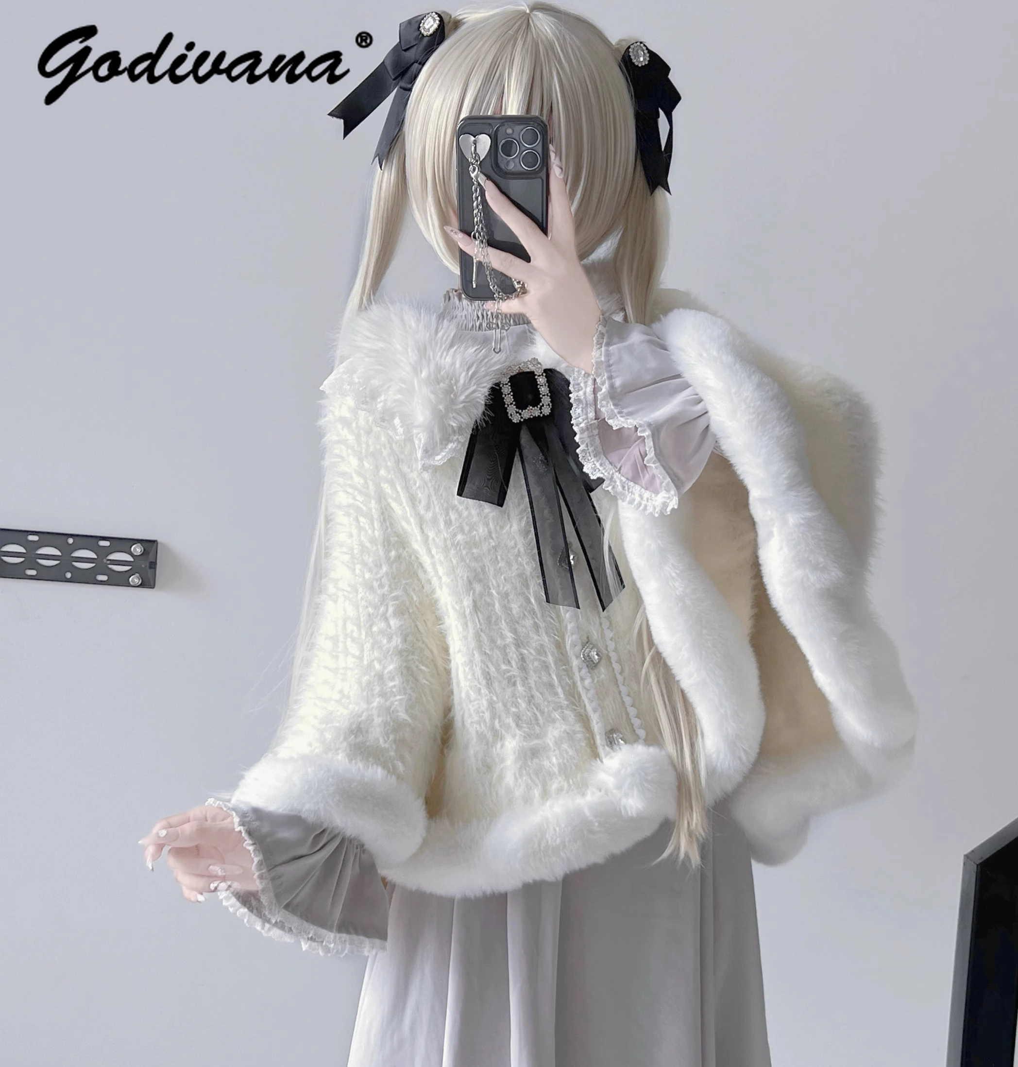 New Winter Sweet Cute Bow Rhinestone Button Sweater Cape Japanese Mine Mass Production Lolita Thick Warm Knitted Cloak Poncho
New Winter Sweet Cute Bow Rhinestone Button Sweater Cape Japanese Mine Mass Production Lolita Thick Warm Knitted Cloak Poncho